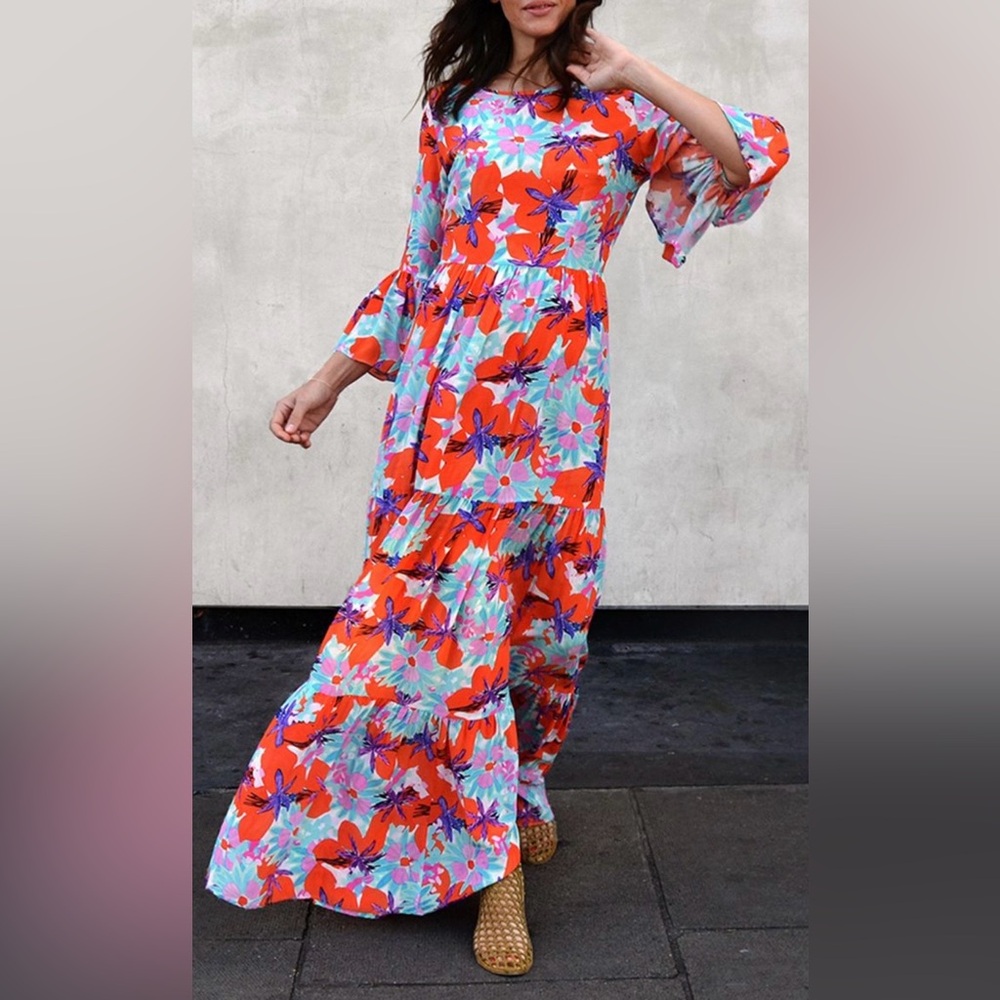 SOLER London Silk Maxi Dress with 3/4 Sleeve S Flors Vermelles